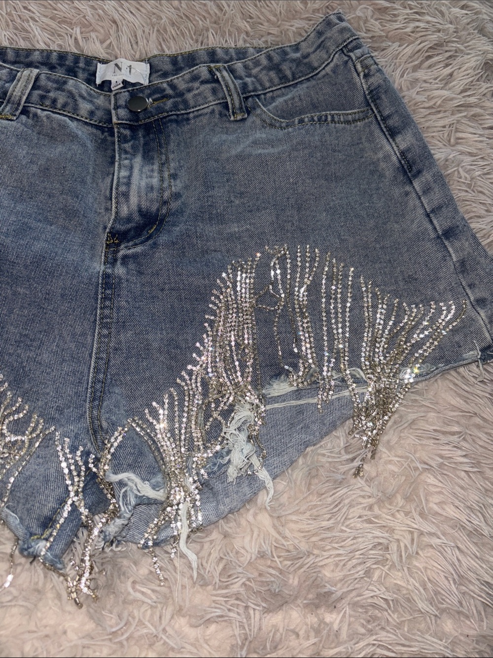 N1 Distressed Denim Shorts with Rhinestone Fringe - Picture 2 of 6
